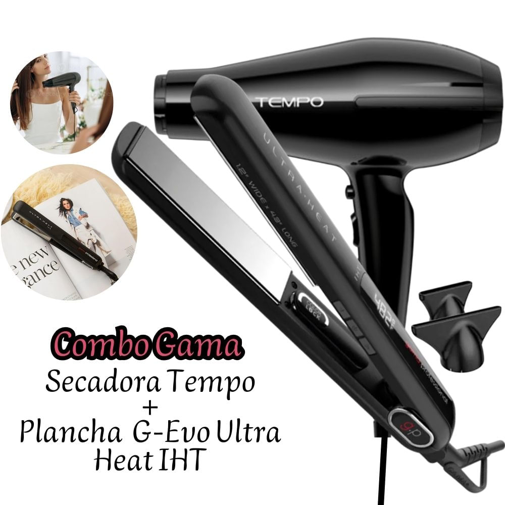 Combo Gama Secadora de Cabello Tempo Negra + Plancha G-EVO Ultra Heat