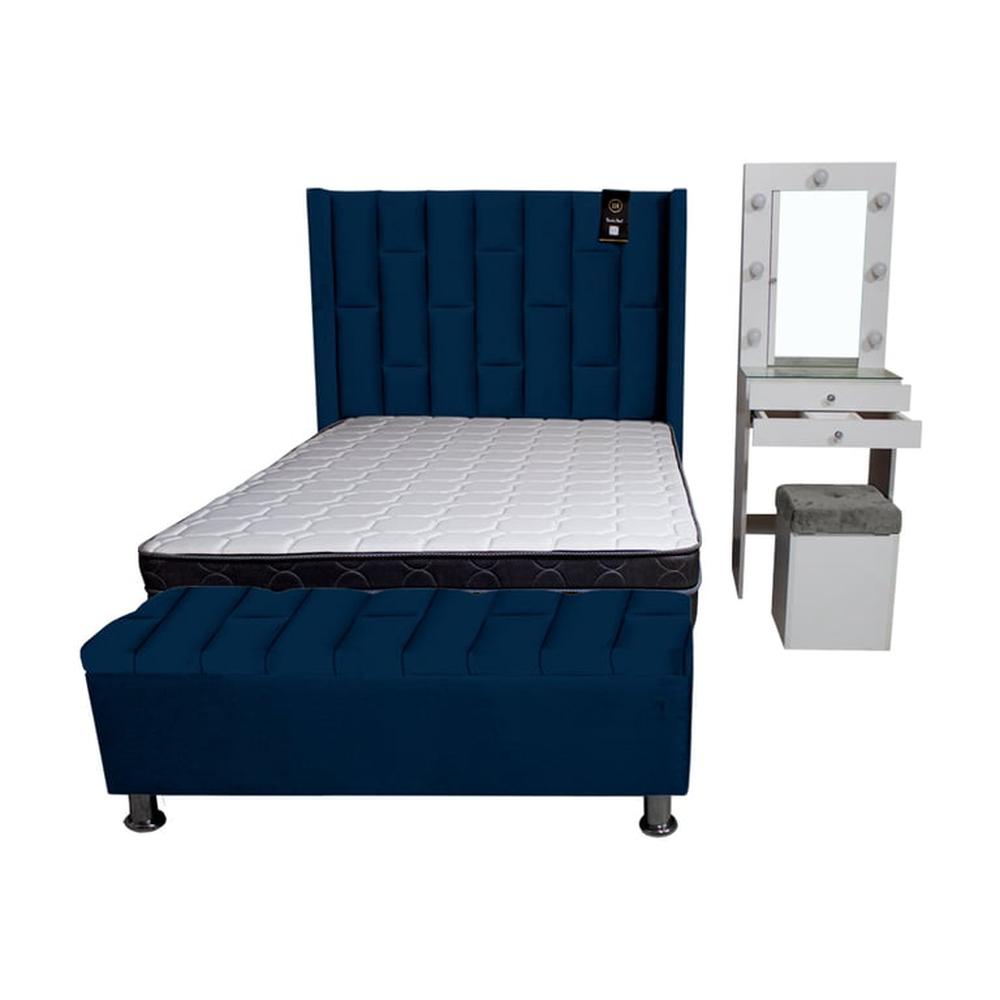 Dormitorio Boreti 1.5 Plz + Cabecera + Tocador + Puff + Baúl - Azul marino