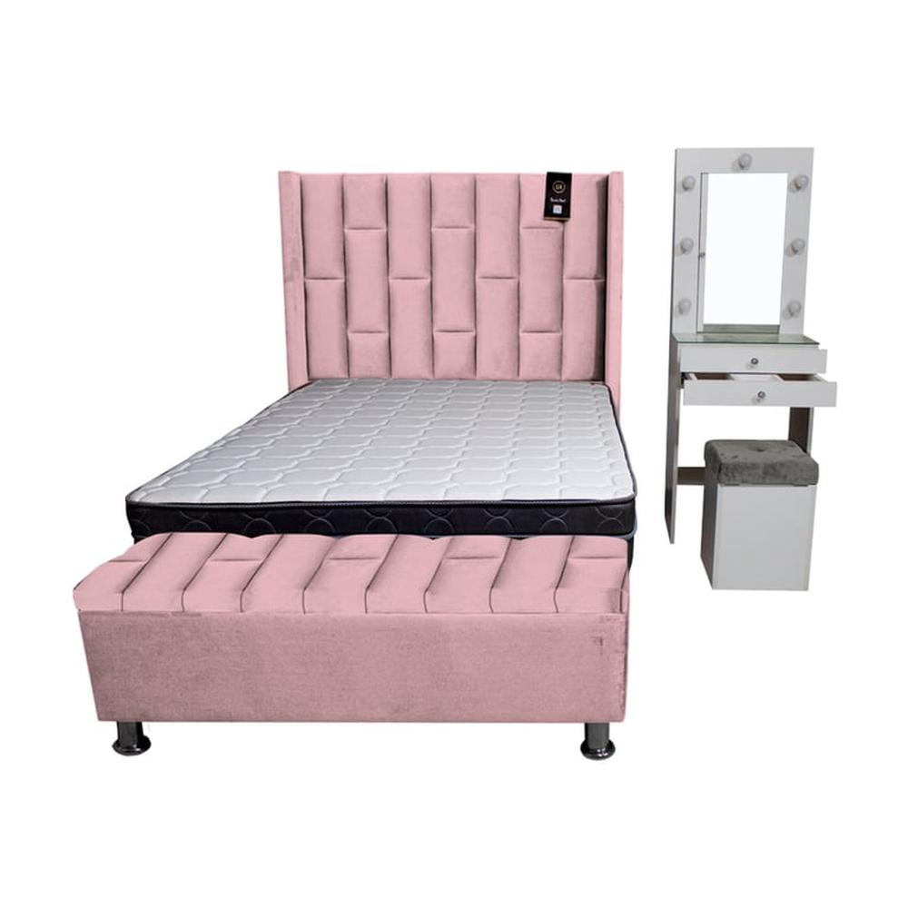 Dormitorio Boreti 1.5 Plz + Cabecera + Tocador + Puff + Baúl - Rosado