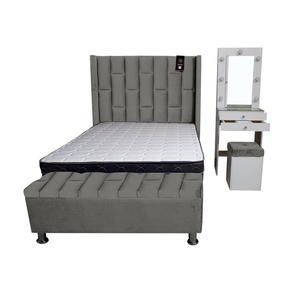 Dormitorio Boreti 1.5 Plz + Cabecera + Tocador + Puff + Baúl - Gris oscuro