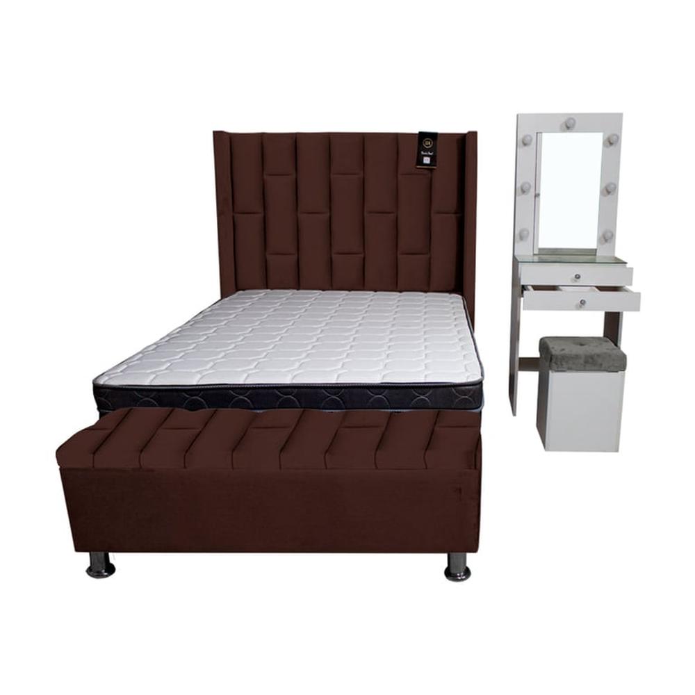 Dormitorio Boreti 1.5 Plz + Cabecera + Tocador + Puff + Baúl - Chocolate