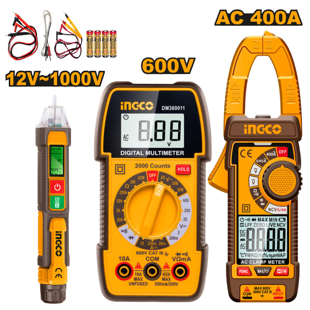 KIT 3 Pruebas Eléctrica Ingco Amperímetro DCM62001 + Multímetro DM360011 + Detector Voltaje VD210003