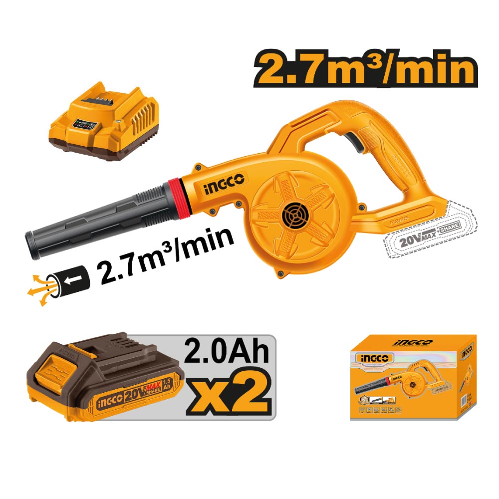 Sopladora Inalámbrica Ingco 20V + 2 Baterías 2.0AH + Cargador CABLI200282 Sopladora Inalámbrica Ingco 20V 2 Baterías 2.0AH con Cargador CABLI200282
