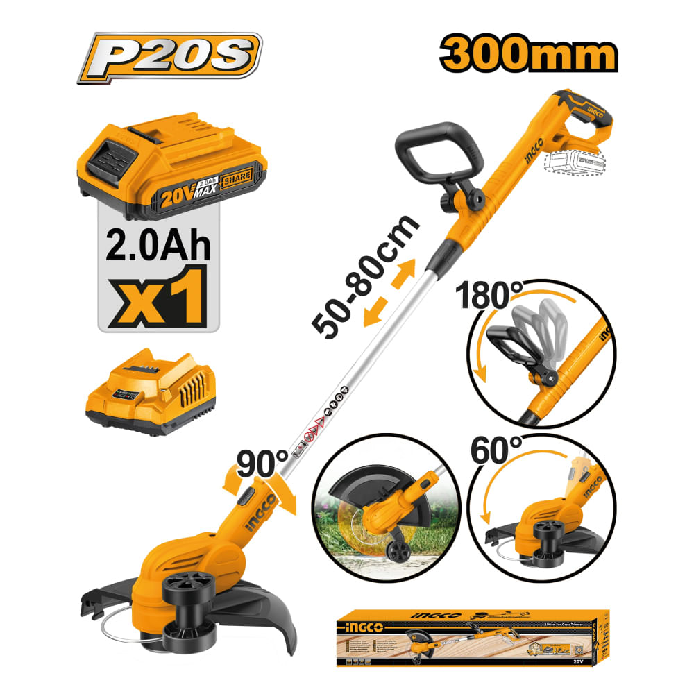 Cortadora Bordeadora de Césped Ingco 20V + 1 Batería 2.0AH + Cargador CGTLI203285