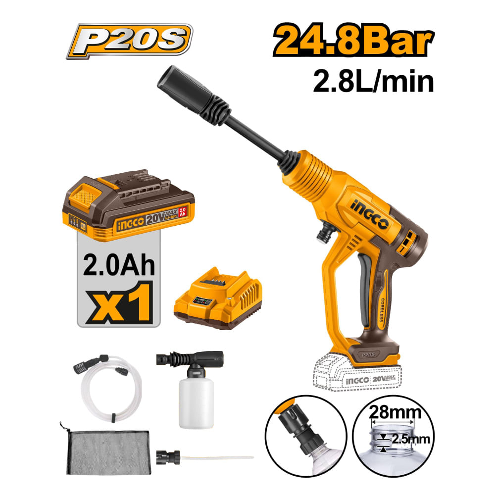 Hidrolavadora Inalámbrica Ingco 20V P20S Batería 2.0AH + Kit de Accesorios CPWLI20362