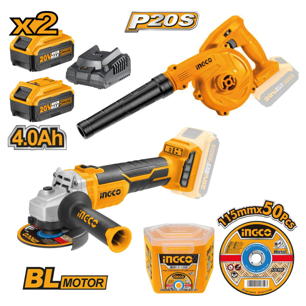 Kit Inalámbrico Amoladora + Sopladora Aspiradora Ingco 20V 2 Baterías 4.0AH + 50 Discos COSLI2211315
