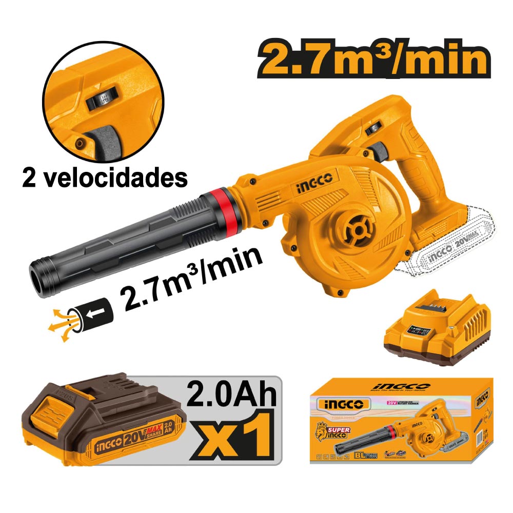 Sopladora Inalámbrica Ingco 20V 2 Velocidades + 1 Batería 2.0AH + Cargador CABLI200181