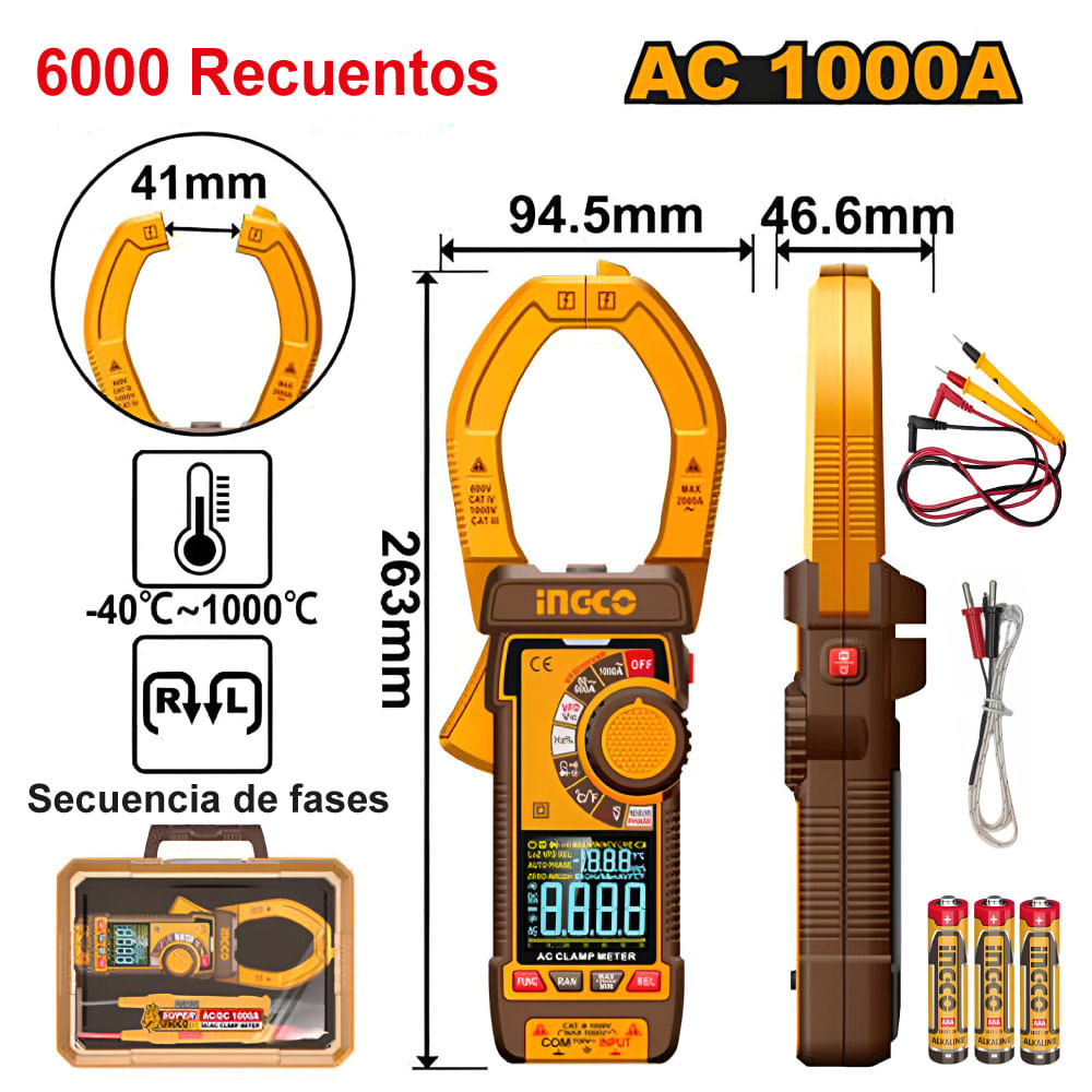Pinza Amperimétrica Digital Ingco AC 1000A 6000 Recuentos DCM610001