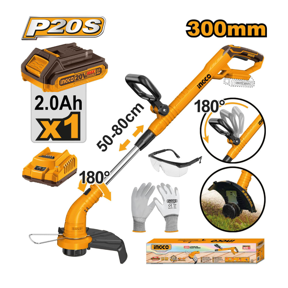 Cortadora Bordeadora de Césped Ingco 20V + Lentes + Guantes + 1 Batería 2.0AH + Cargador CGTLI20301