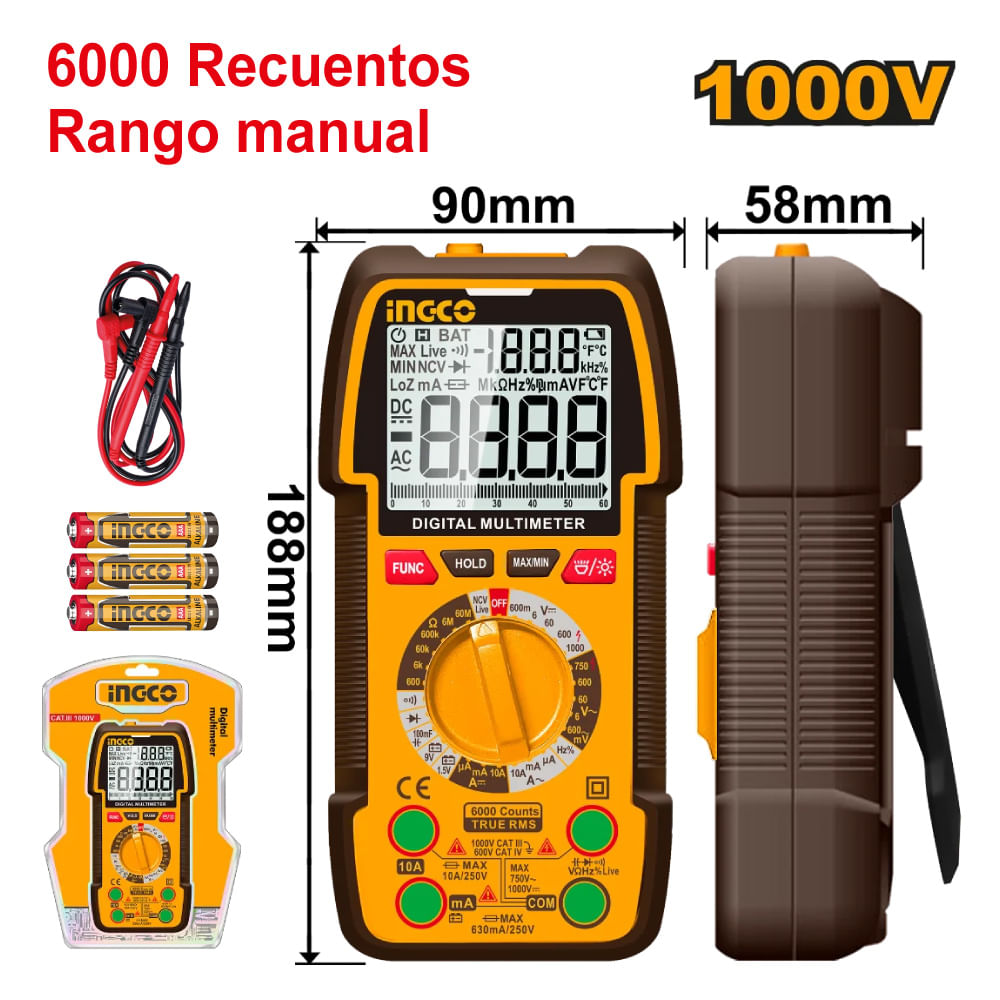 Multímetro Digital Ingco 1000V 6000 Recuentos DM310002