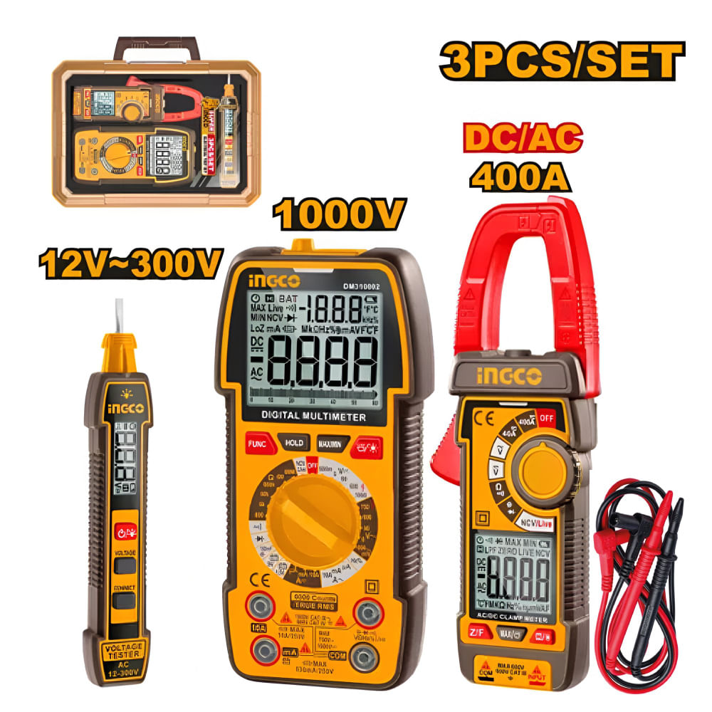KIT 3 HERRAMIENTAS PRUEBA ELÉCTRICA INGCO AMPERÍMETRO + MULTIMETRO + DETECTOR DE VOLTAJE COS24067