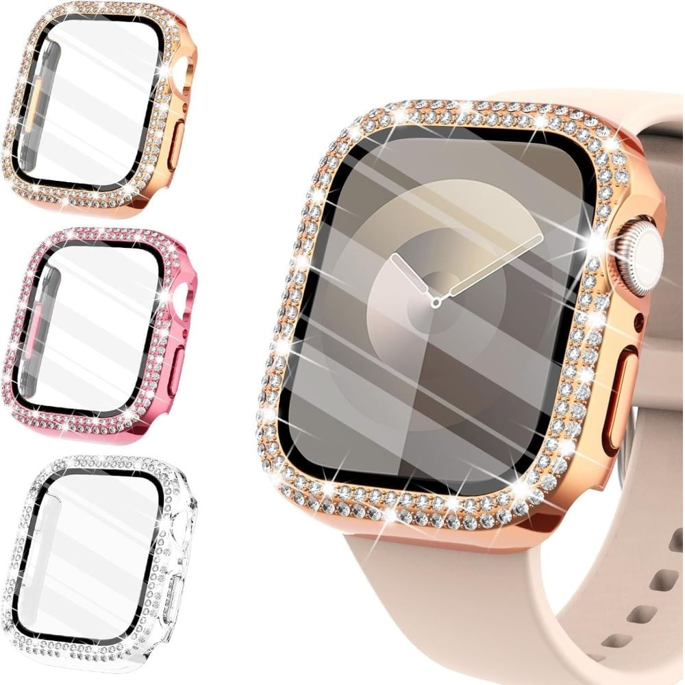 Bumper case doble piedras brillo para smartwatch de 45mm rosado