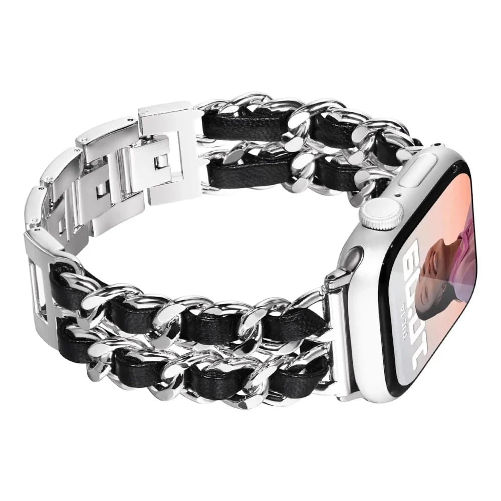 Correa Para Applewatch Y Watch Acero y Cuero 42 44 45 49mm Plata Negro Correa Para Applewatch Y Watch Acero y Cuero 42 44 45 49mm Plata Negro