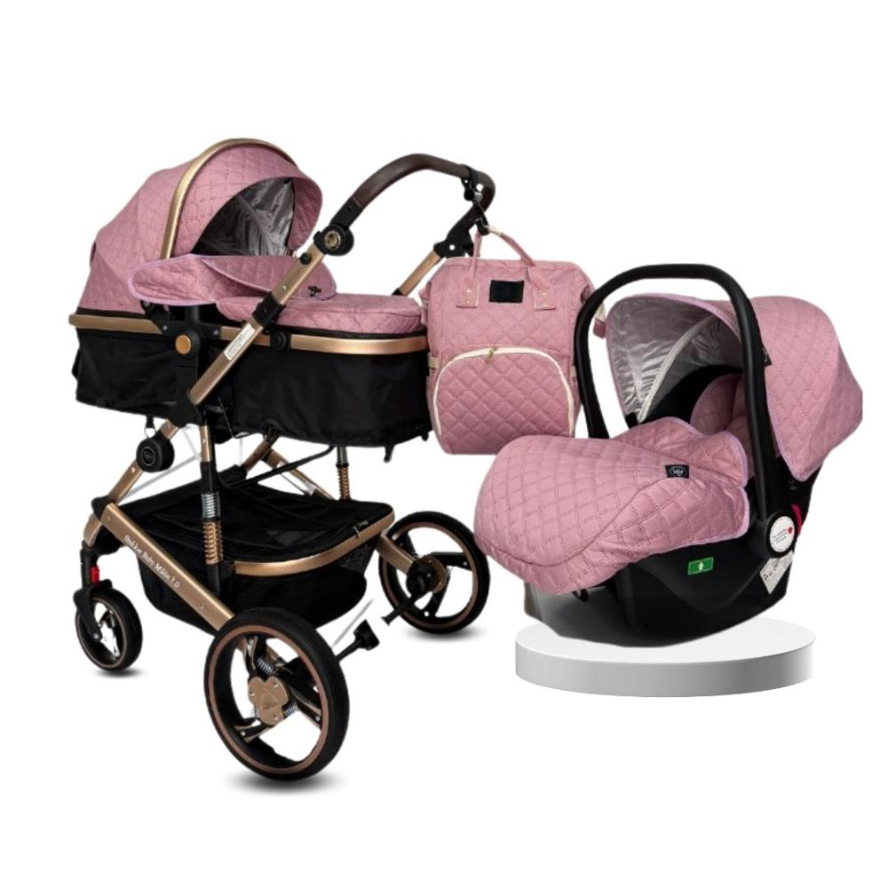 Coche Moises 3 en 1 de Lujo L' MILANE con Portabebé y Bolso Pañalero Rosa Coche Moises 3 en 1 de Lujo L' MILANE con Portabebé y Bolso Pañalero Rosa