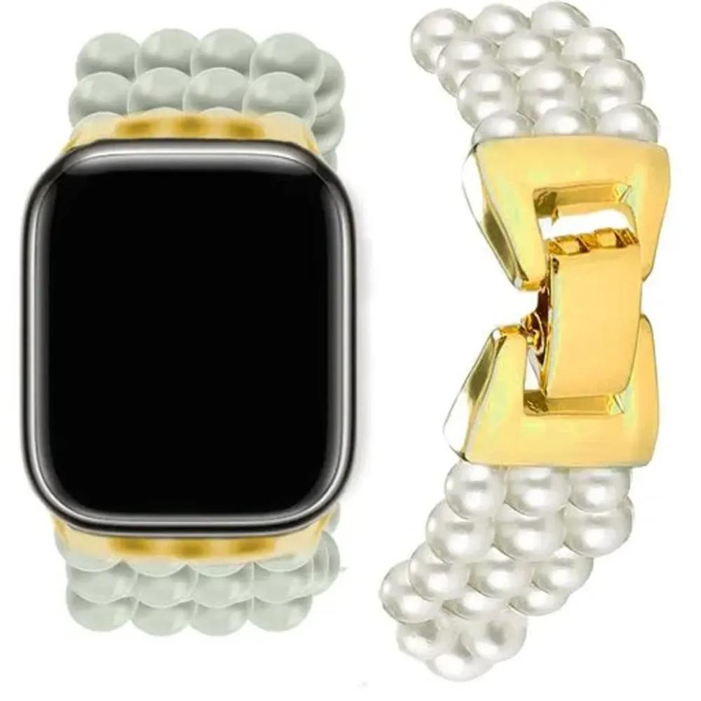 CORREA PERLAS Y ACERO GOLD para Applewatch 42-44-45-49mm