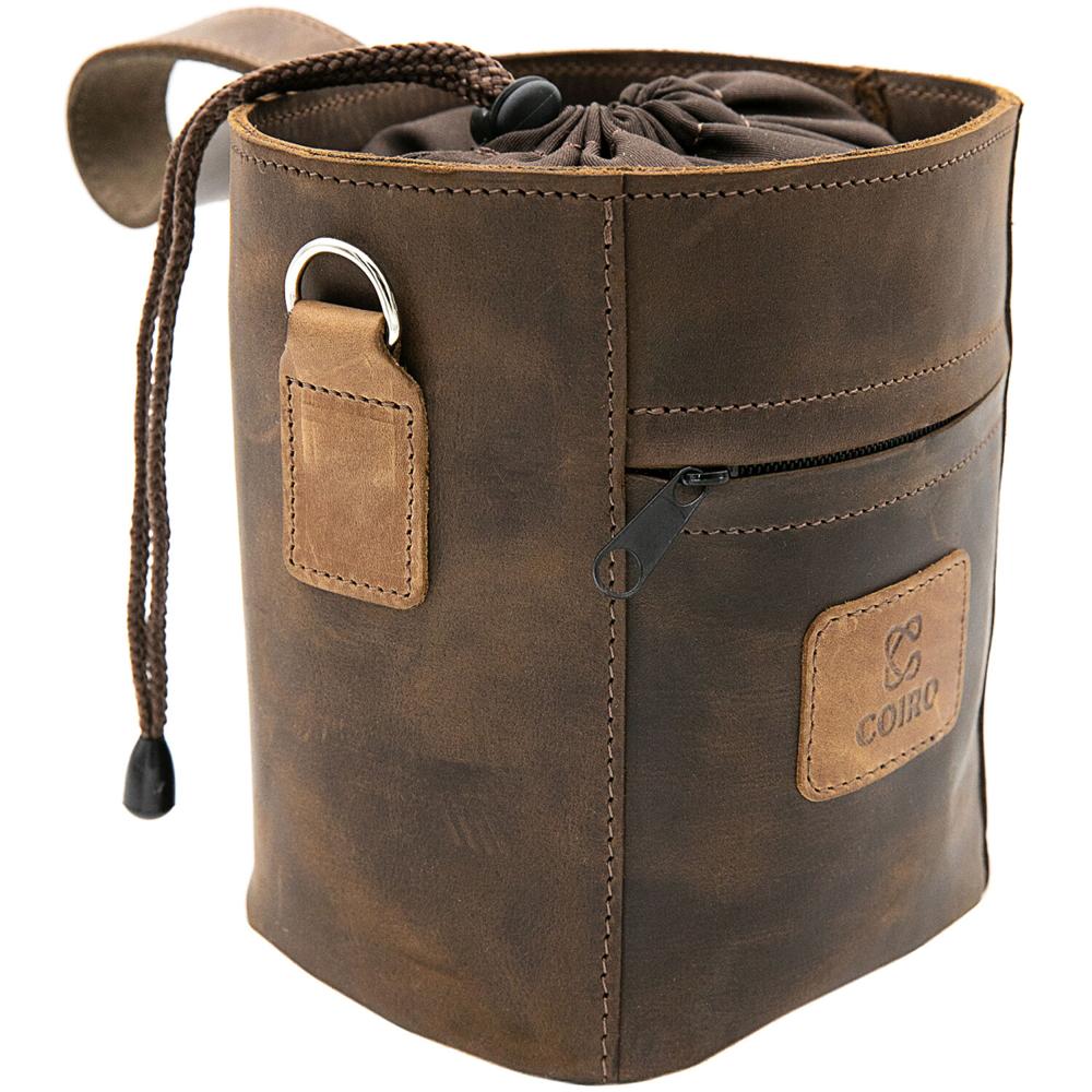 Funda para Lente de Cámara Coiro (Camel) - Cuero Genuino, Correa Cruzada Ajustable, Cierre de Cordó