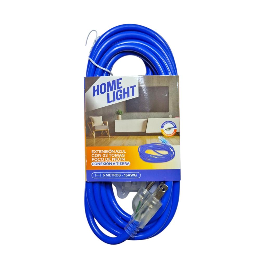 Extensión Eléctrica Azul 5 Metros x 3 Tomas Conexión a Tierra Home Light
