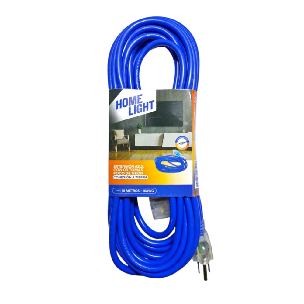 Extensión Eléctrica Azul 10 Metros x 3 Tomas Conexión a Tierra Home Light