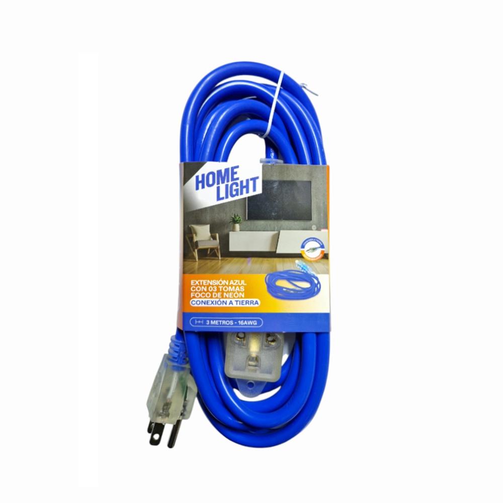 Extensión Eléctrica Azul 3 Metros x 3 Tomas Conexión a Tierra Home Light