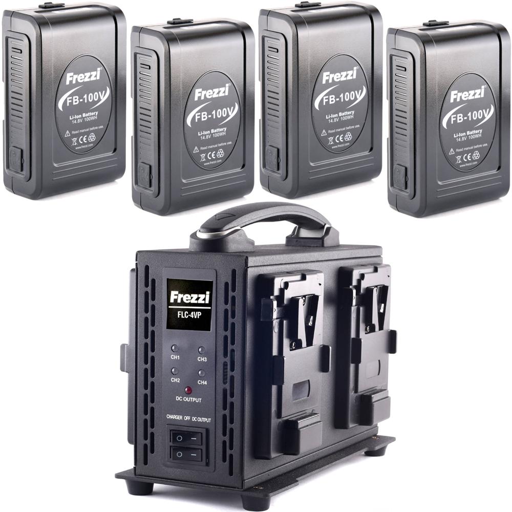Baterías Frezzi 4 x 100Wh FB-100V y Kit de Cargador Cuádruple (Montaje en V) - Cuerpo Resistente, C