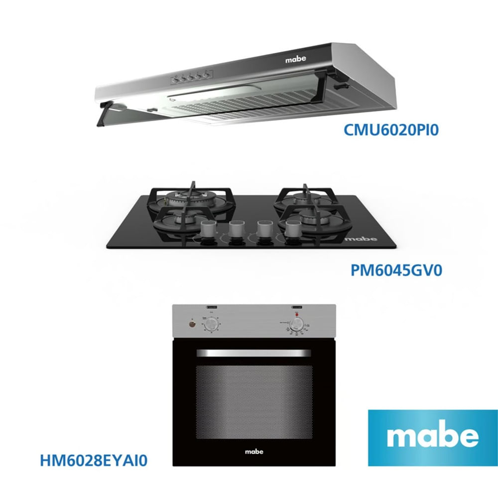 Tri-Combo MABE Cocina Empotrable PM6045GV0 Campana CMU6020PI0 y Horno HM6028EYAI0