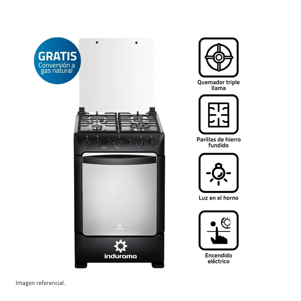 Cocina Indurama Zafiro 4 Quemadores Pompeya Negro