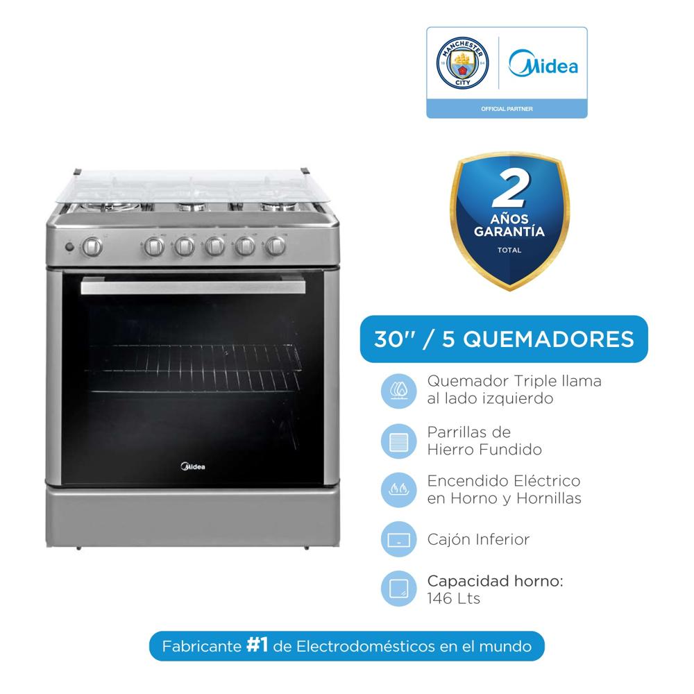 Cocina a Gas Midea Venus 30” 5 Quemadores Negra con Horno