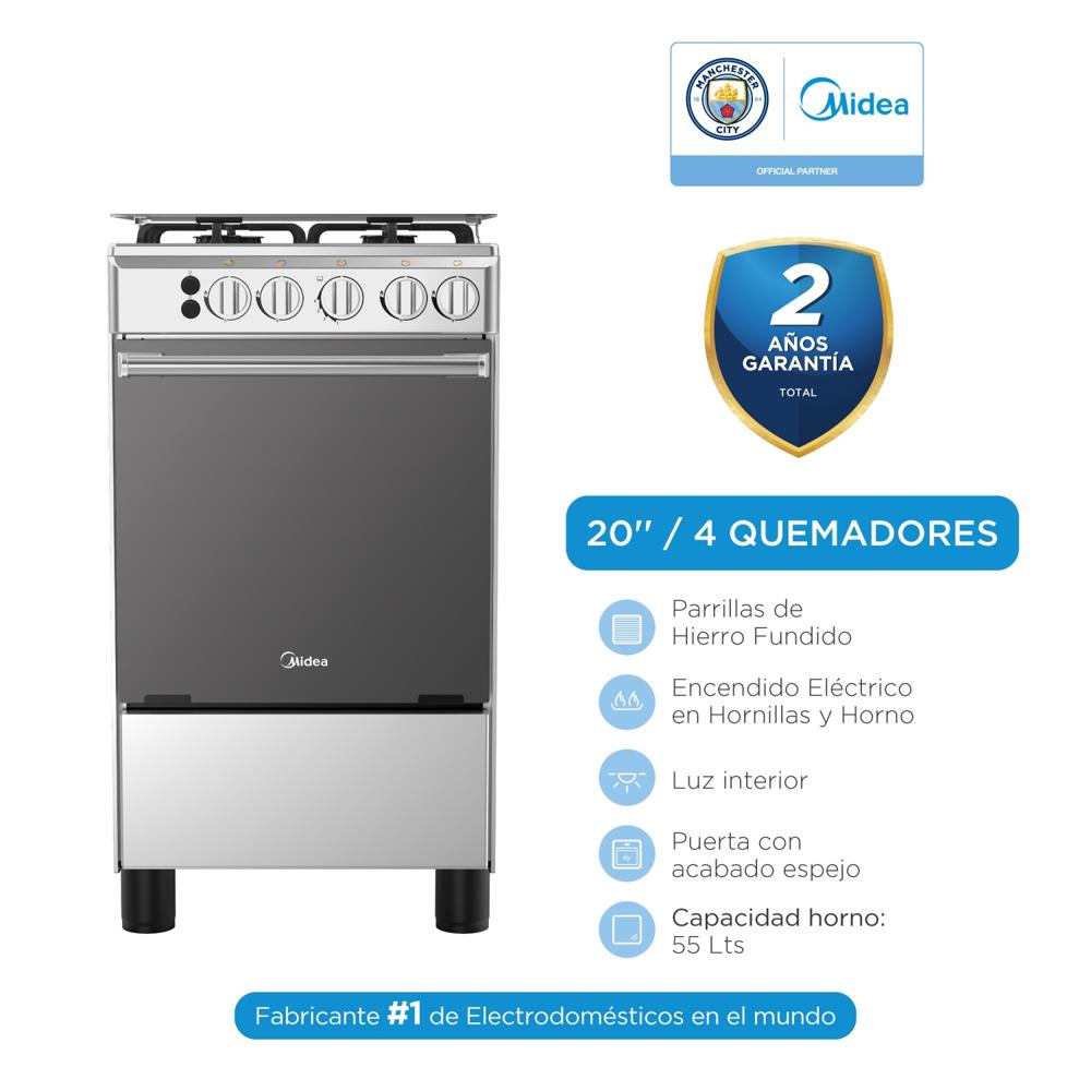 Cocina a Gas Midea 20'' 4 Quemadores Puerta Espejo Silver