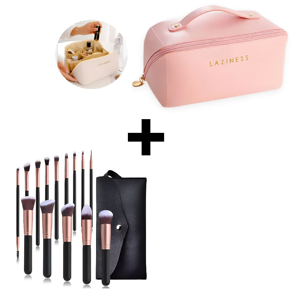 Combo Neceser Estuche De Cosméticos Rosa + Brochas de Maquillaje profesionales Set 15 piezas Negro Combo Neceser Estuche De Cosméticos Rosa + Brochas de Maquillaje profesionales Set 15 piezas Negro