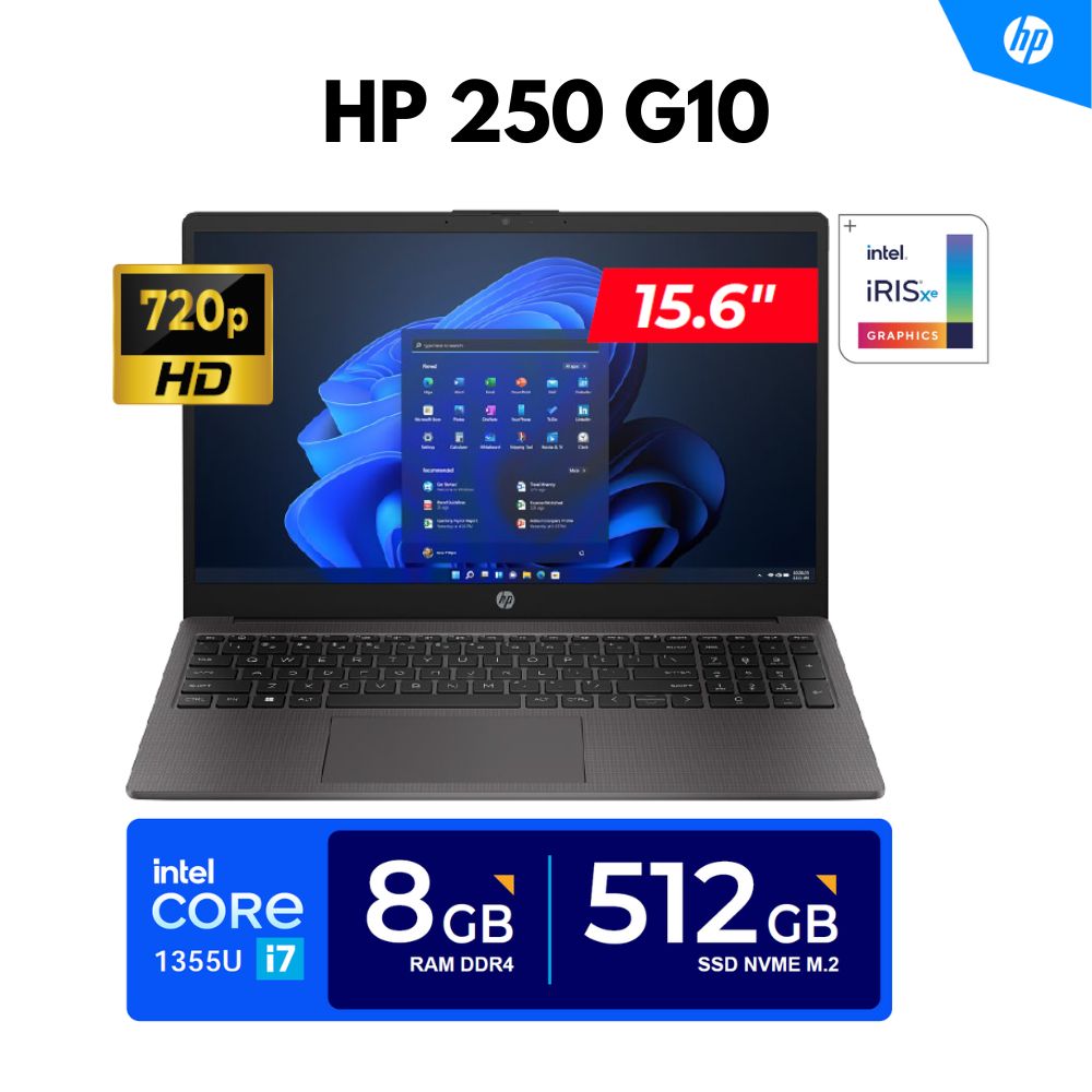 LAPTOP HP 250 G10 15.6"" HD LED Core i7-1355U 5GHz 10 Núcleos 8GB DDR4-3200 512GB SSD FREEDOS