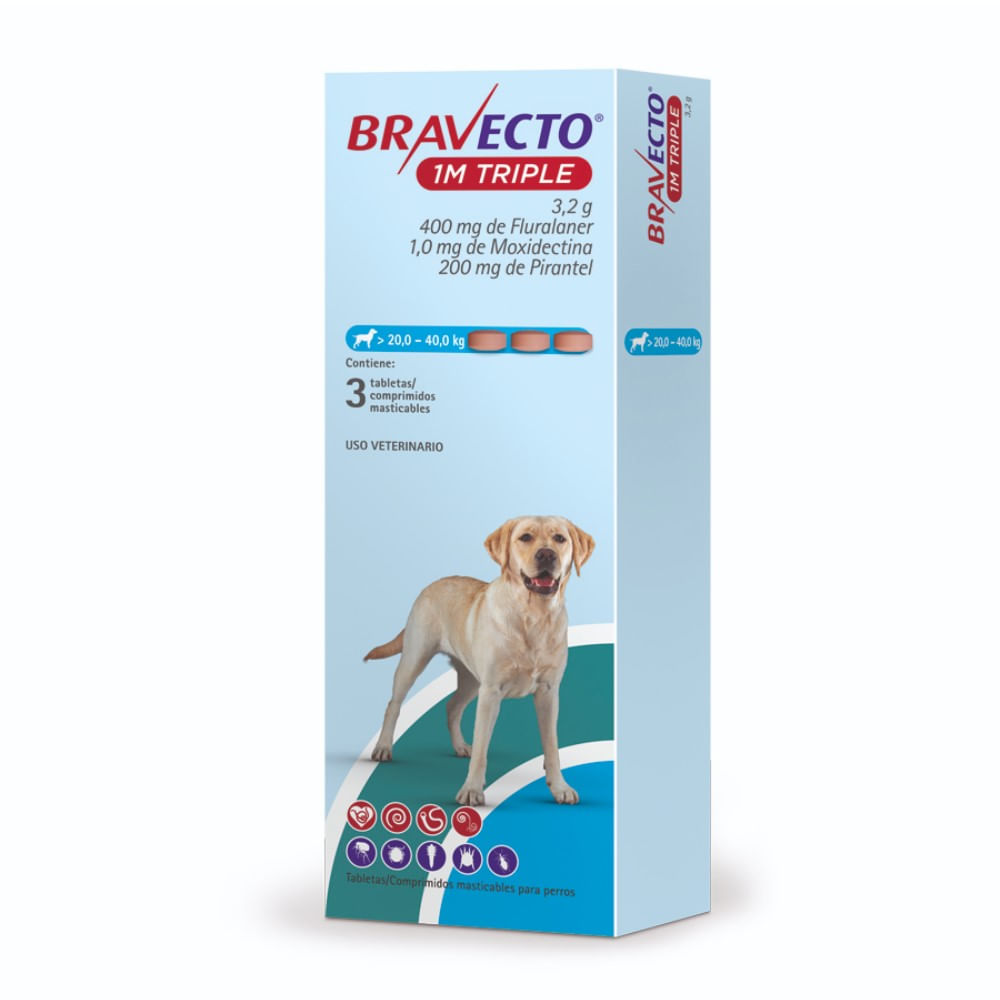 Antipulga Bravecto 20 - 40KG x 3 Tab Protección Total 111 Días