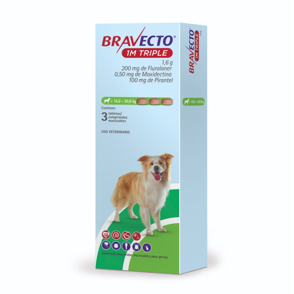 Antipulga Bravecto 10 - 20KG x 3 Tab Protección Total 111 Días