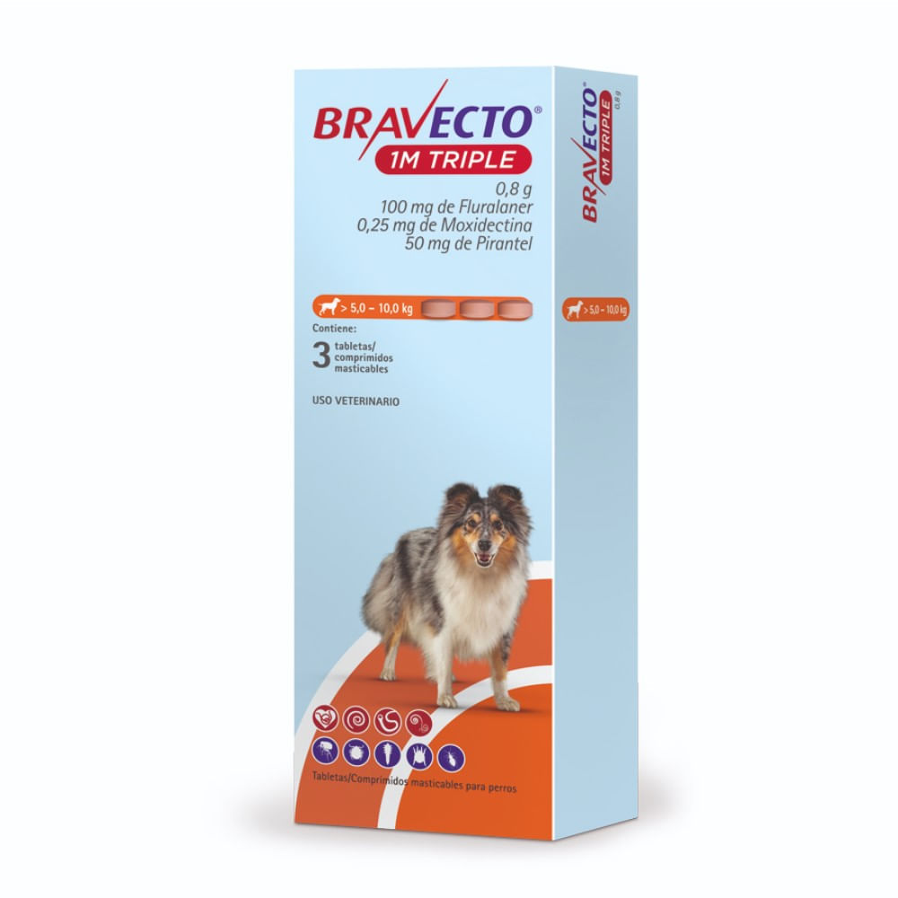 Antipulga Bravecto 5 - 10KG x 3 Tab Protección Total 111 Días