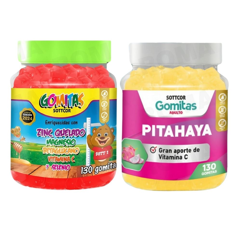 PACK 2 GOMITAS ZINC QUELADO NIÑOS + PITAHAYA ADULTOS 130 UND