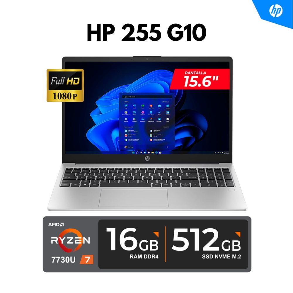 LAPTOP HP 255 G10 15.6"" FHD AMD Ryzen 7 7730U 4.50GHz 8 Núcleos 16GB DDR4 512GB SSD FREEDOS