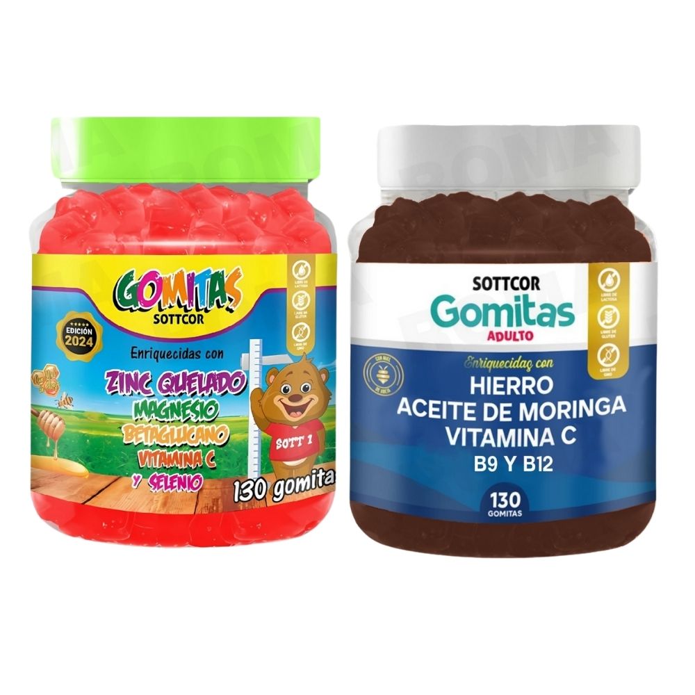 PACK 2 GOMITAS ZINC QUELADO NIÑOS  + HIERRO ADULTOS 260 UND