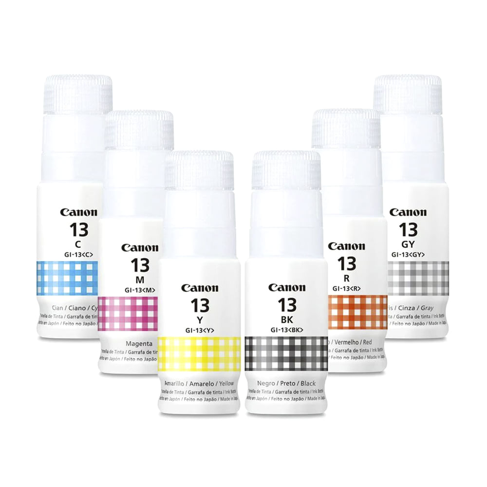 KIT TINTAS CANON GI-13 GY/BK/R/C/M/Y, HASTA 3800 FOTOGRAFIAS, PARA PIXMA G510/G610 P/N: 4695C003AA KIT TINTAS CANON GI-13 GY/BK/R/C/M/Y, HASTA 3800 FOTOGRAFIAS, PARA PIXMA G510/G610 P/N: 4695C003AA