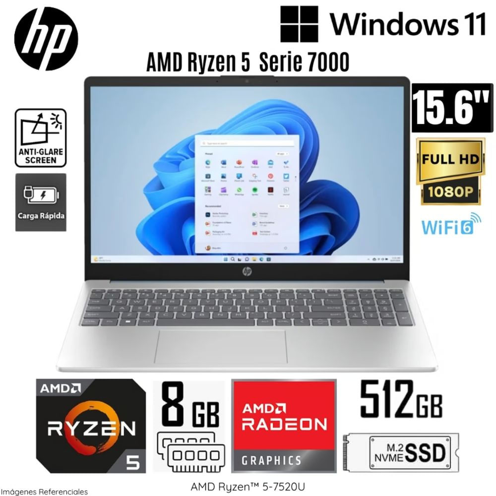 Laptop HP 15-FC0071LA AMD Ryzen 5 7520U 8GB RAM 512GB SSD 15.6"" FHD Windows 11 Home