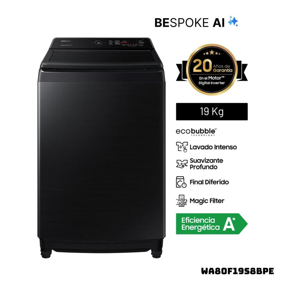 LAVADORA SAMSUNG ECOBUBBLE AI 19 KG CARGA SUPERIOR NEGRO A80F19S8BPE