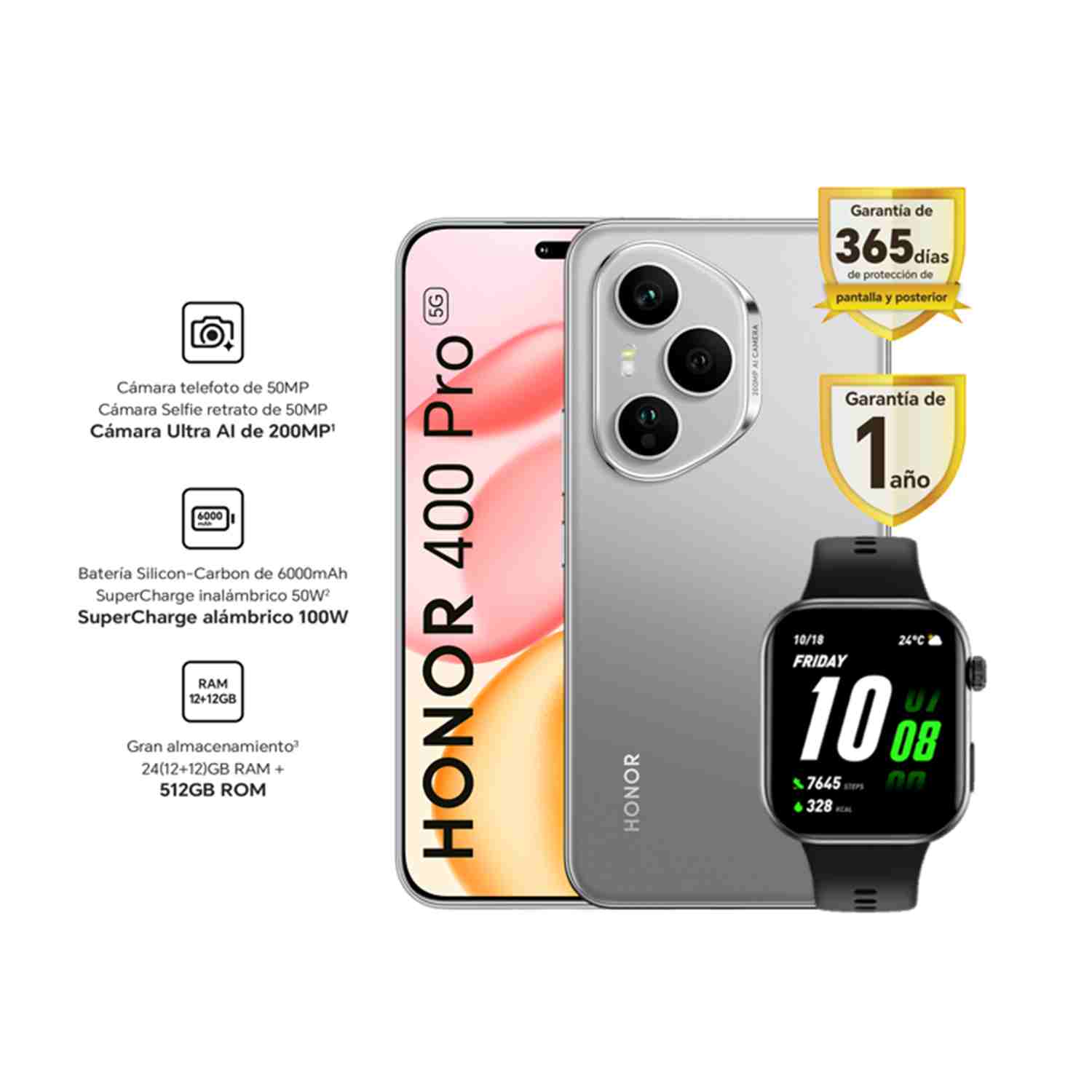 Celular Honor 400 PRO12 512GB Lunar Grey + Watch 2i