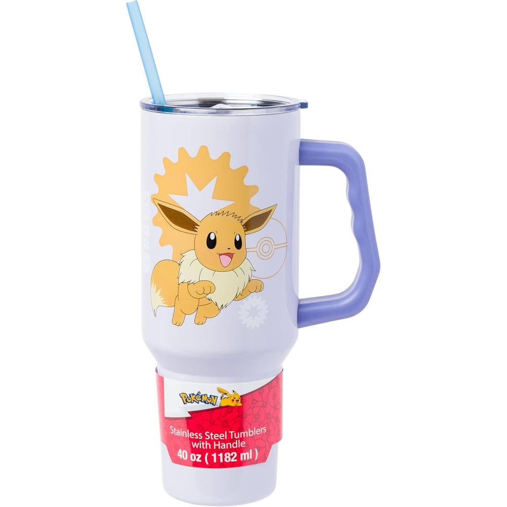 Pokemon | Vaso de acero inóxidable con asa y pajita de 40 OZ | Eevee