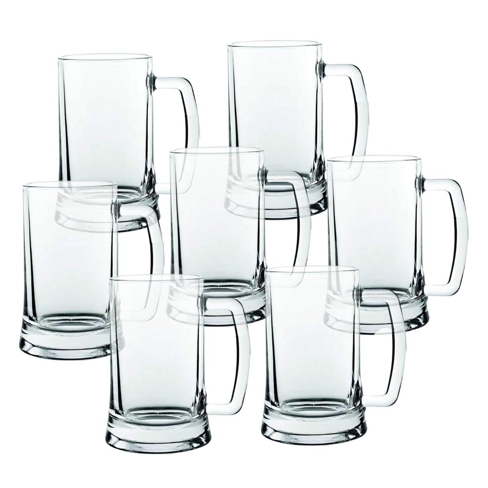 Vaso Cervecero de Vidrio con Asa 490ml Set de 6 Tazas Transparentes
