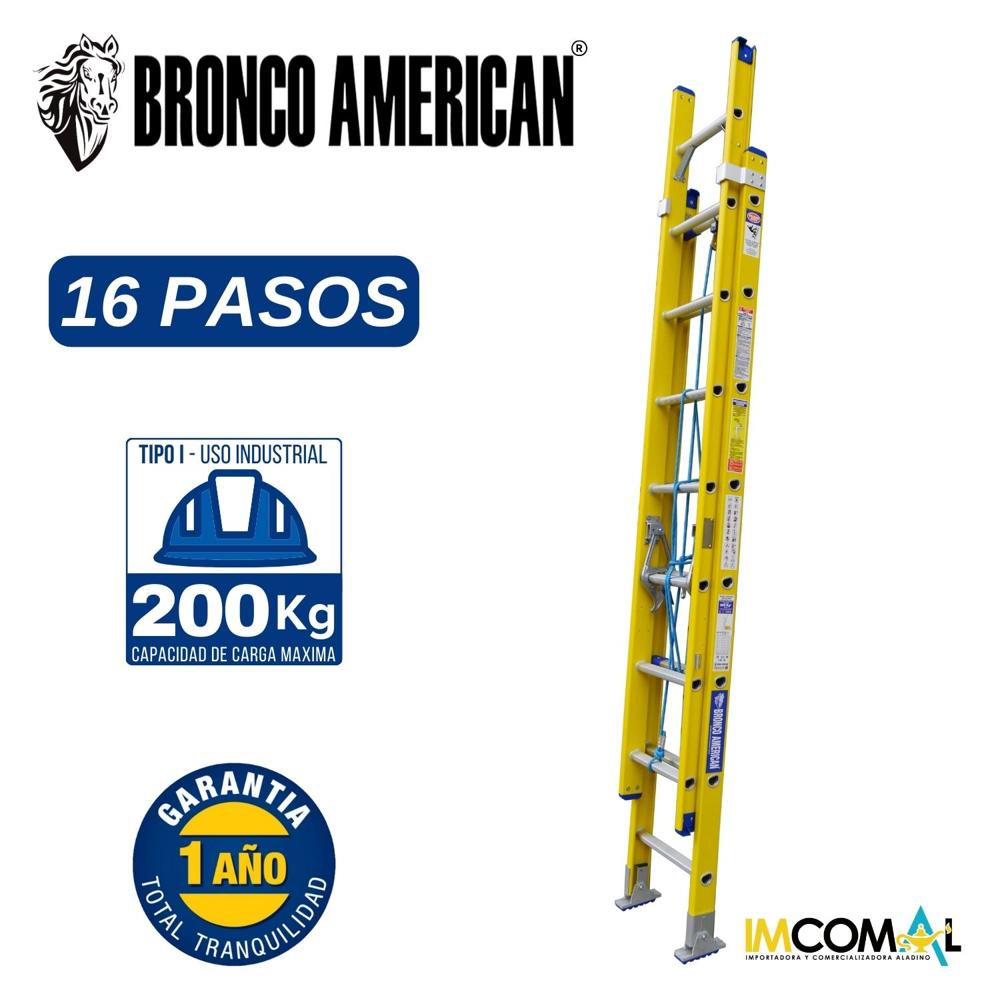 Escalera Fibra de Vidrio Telescópica de 16 Pasos con Cap. Carga Max: 200 Kg Bronco American Escalera Fibra de Vidrio Telescópica de 16 Pasos con Cap. Carga Max: 200 Kg Bronco American