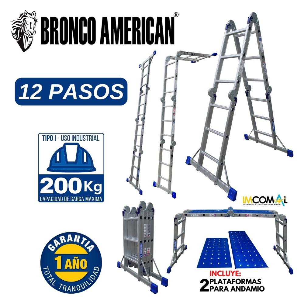 Escalera Alumino Multiposición de 12 Pasos 4x3 Cap. Carga Max: 200 Kg Bronco American Escalera Alumino Multiposición de 12 Pasos 4x3 Cap. Carga Max: 200 Kg Bronco American