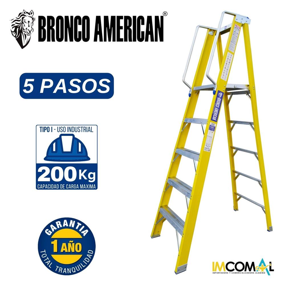 Escalera Fibra de Vidrio Tijera Plataforma de 5 Pasos Cap. Carga Max: 200 Kg Bronco American Escalera Fibra de Vidrio Tijera Plataforma de 5 Pasos Cap. Carga Max: 200 Kg Bronco American
