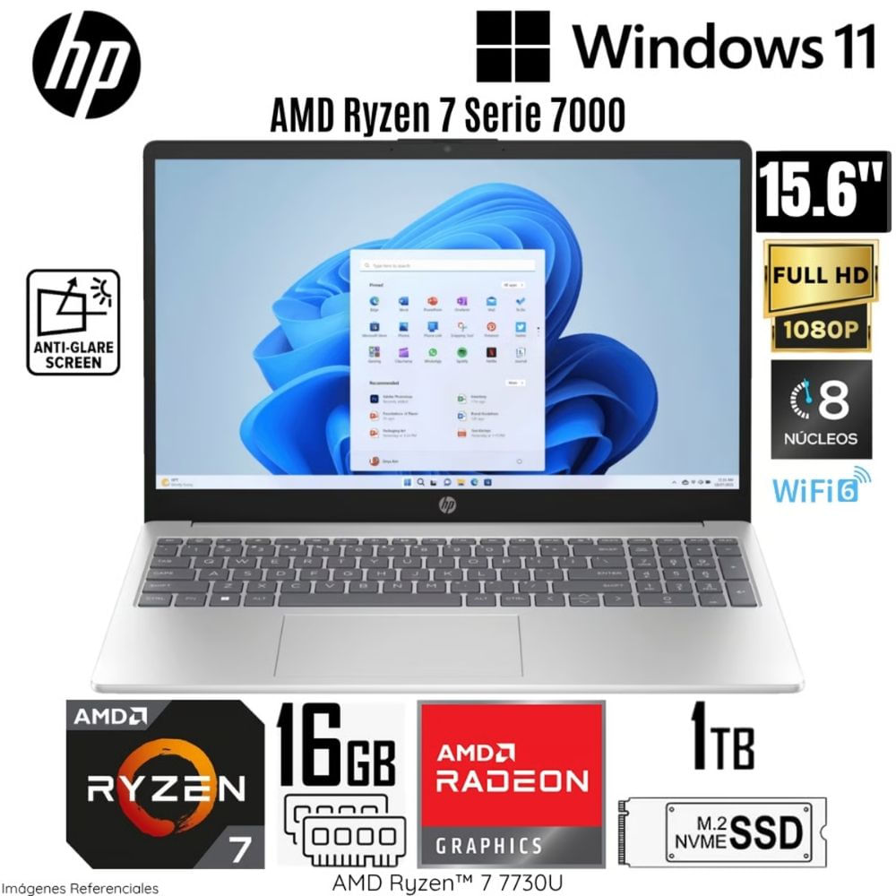 Laptop HP 15-FC0031LA AMD Ryzen 7-7730U 16GB RAM 1TB SSD 15.6"" FHD Windows 11 Home
