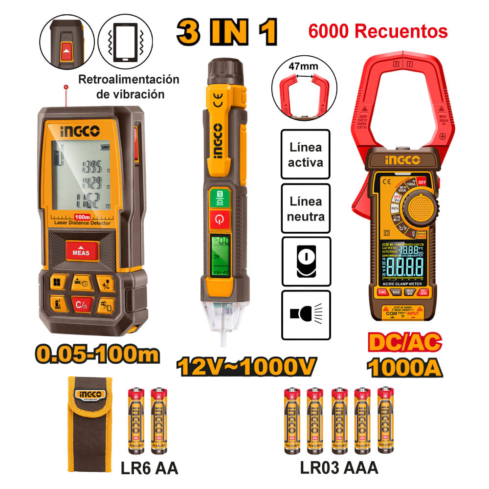Kit Medidor de Distancia Ingco 100M + Amperímetro 1000A + Detector de Voltaje 12-1000V HLDD241202