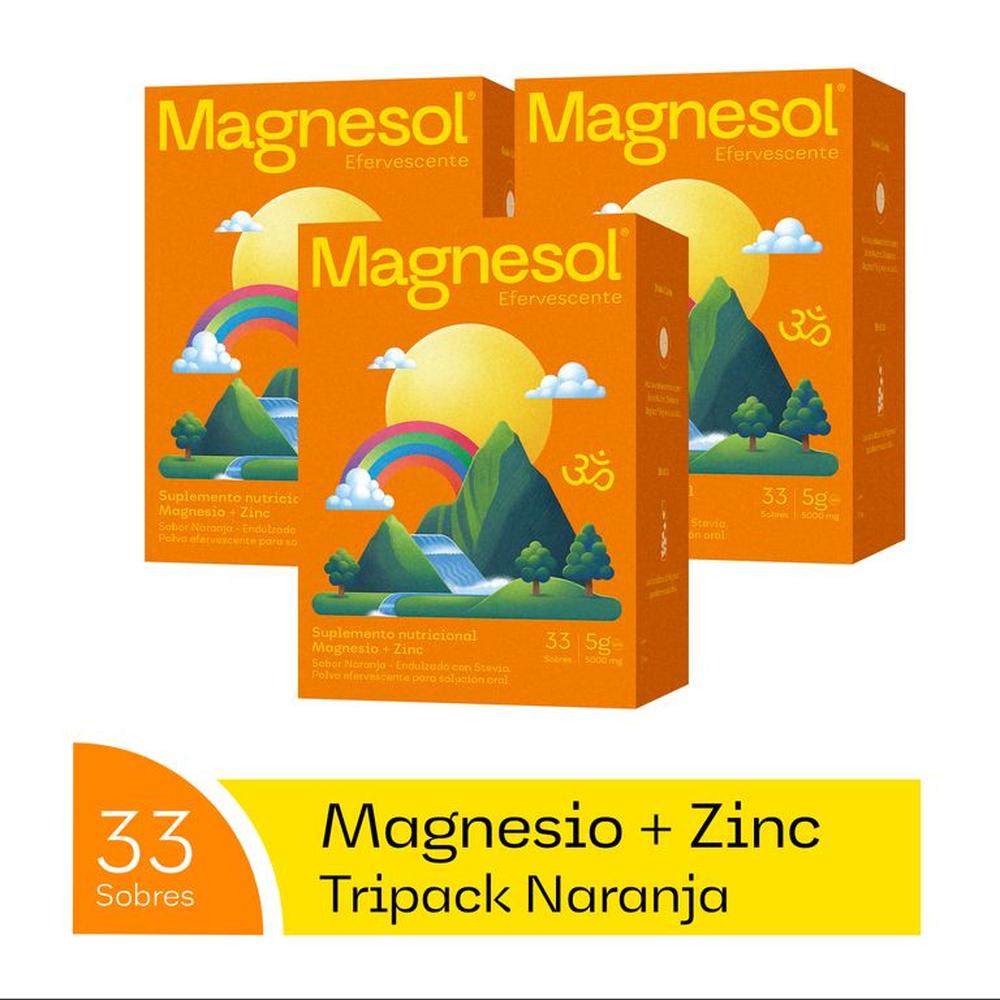 Pack 3 Cajas Magnesol Efervescente Naranja - Magnesio + Zinc