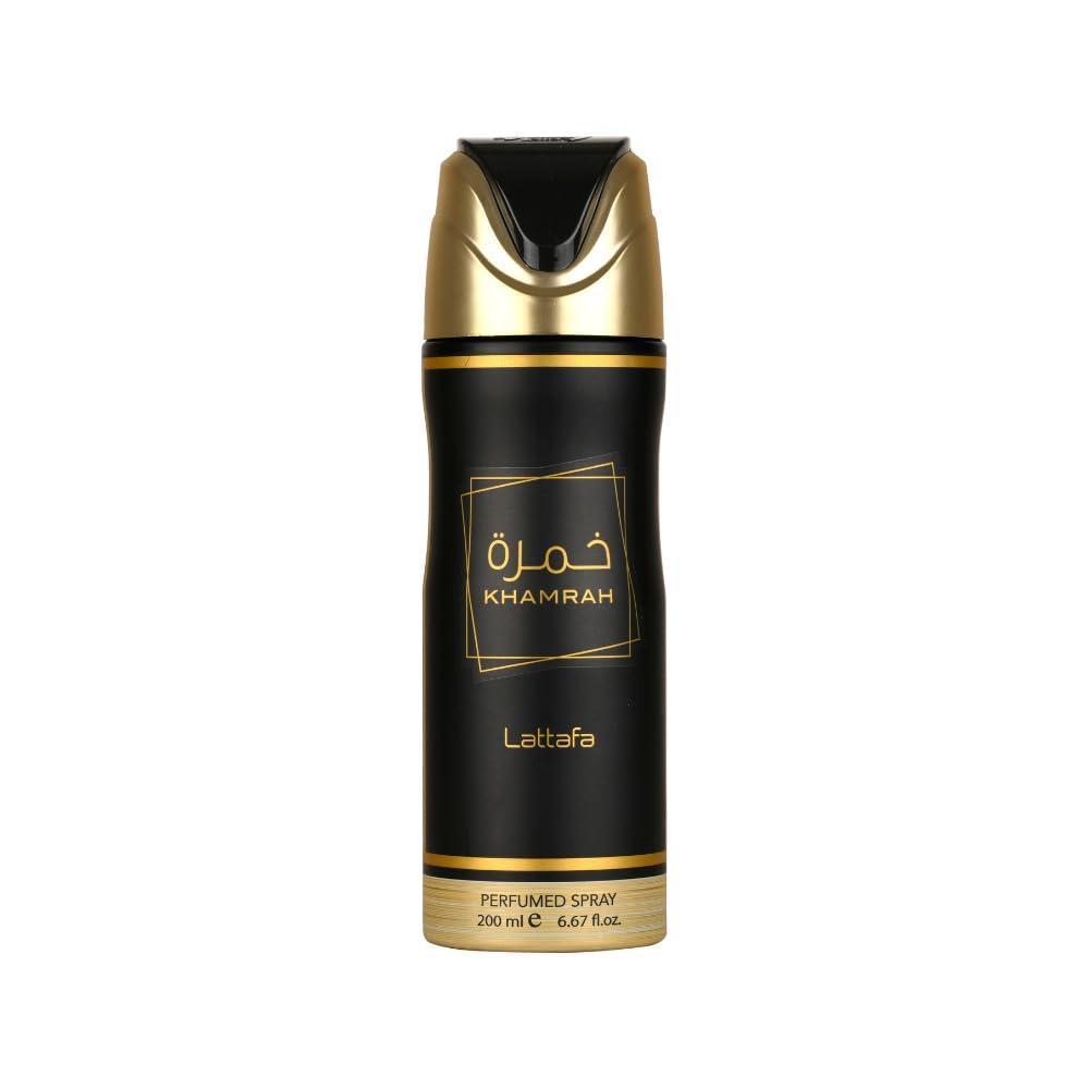 Lattafa Khamrah Deo Spray unisex, fragancia fresca con vainilla y maderas