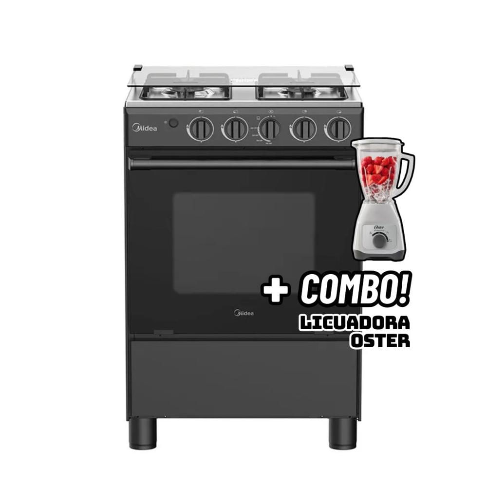 COCINA DE PIE MIDEA A GAS 4 HORNILLAS NEGRO MGS24FS2LFABBC-PE + LICUADORA OSTER BLANCA